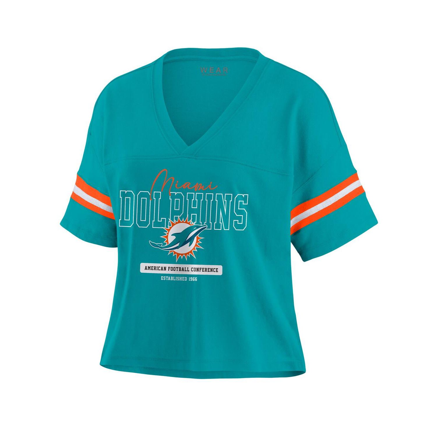 Women's Aqua Miami Dolphins Color Block Boxy Modest Crop V-neck T-shirt