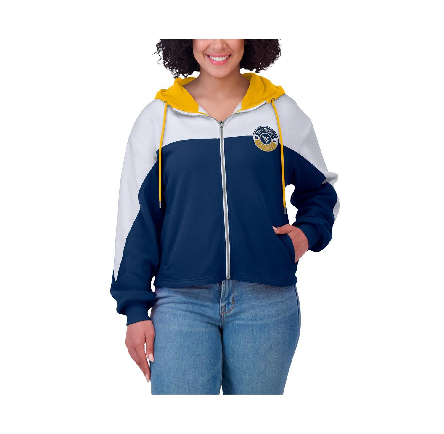 Women's Navy West Virginia Mountaineers Color-Block Full-Zip Hoodie