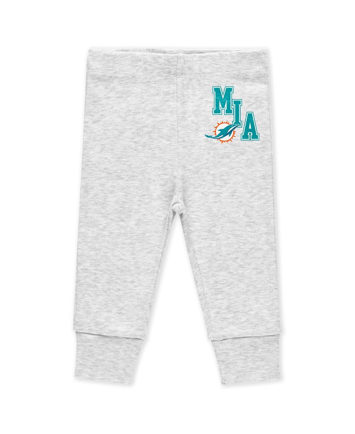 Wear By Erin Andrews Baby Boys And Girls Miami Dolphins Three-piece Turn Me Around Bodysuits Pant Set In Aqua,heather Gray