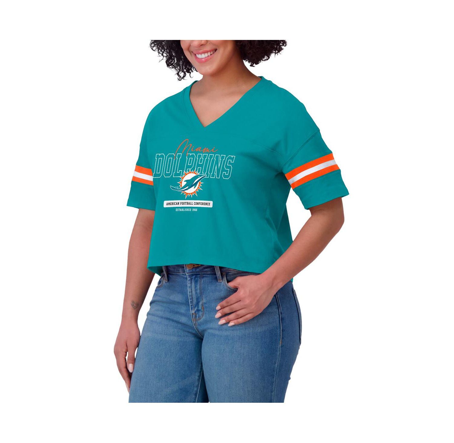 Women's Aqua Miami Dolphins Color Block Boxy Modest Crop V-neck T-shirt