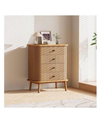 4-drawer, wood & wicker, dresser with matte black handles and legs – spacious boho nightstand for bedroom, hallway, or living room.