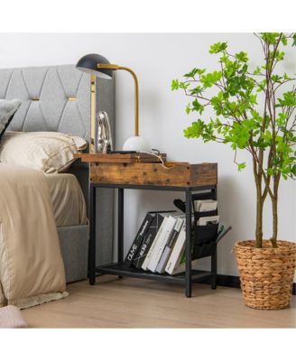 End Table with USB Charging Station, Flip Top, Side Pocket – Industrial Nightstand