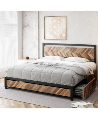 Full Size Rustic Vintage Metal Bed Frame with Headboard, 4 Storage Drawers, Strong Metal Slats for Support