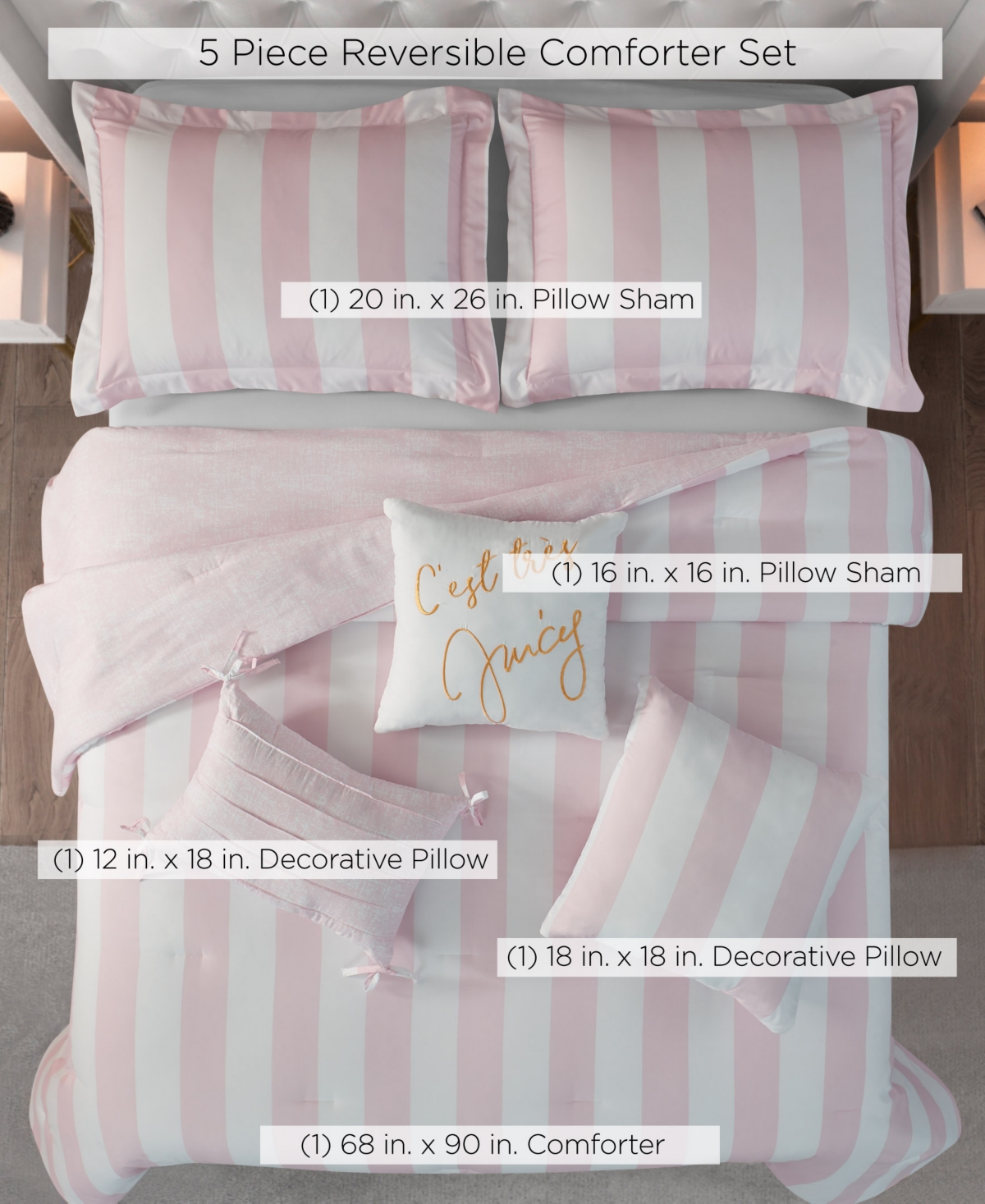 Juicy Couture Cabana Stripe Reversible 5-piece Comforter Set, Twin/twin Xl In White,dogwood Pink