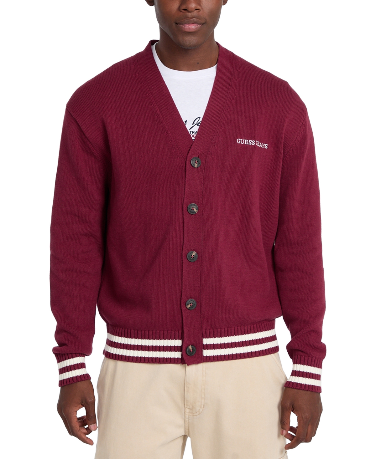 Guess Jeans Men's Embossed Logo Cardigan Sweater In Petite Syrah