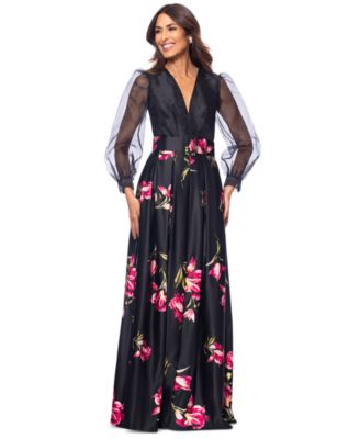 Betsy & Adam - Women's Organza-Sleeve Floral Belted Gown