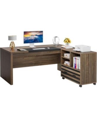 62.2" MDF L-Shaped Mobile File Cabinet, Storage Shelves & Lockable Casters Executive Desk