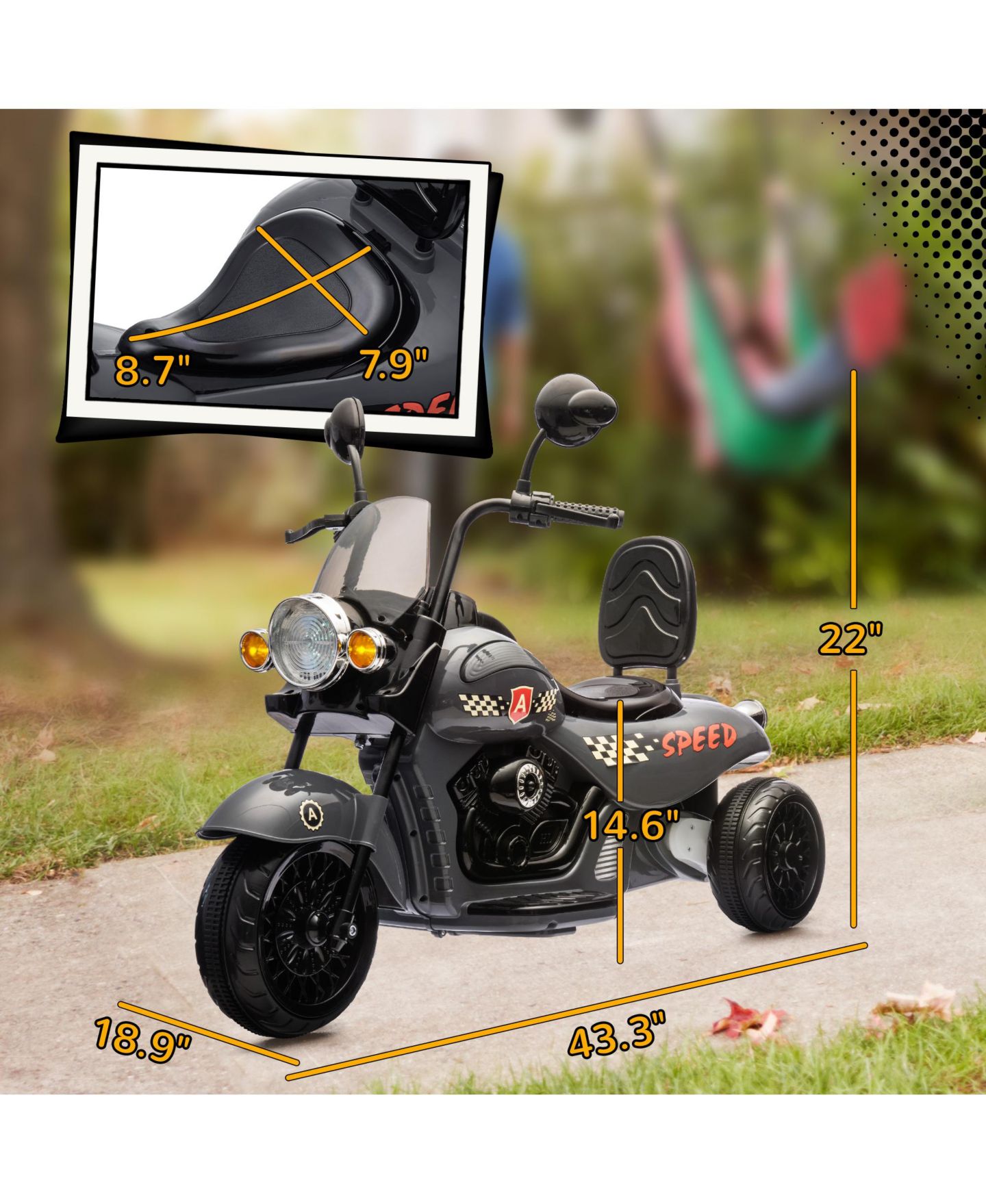 Детская игрушка Qaba 6V Three-Wheel Electric Motorcycle Ride-On with Headlights and Music, 55 lbs Capacity, Ages 3+, цвет: Серый — фото 3