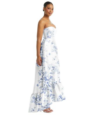 Plus Size Strapless Floral High-Low Ruffle Hem Maxi Dress with Pockets