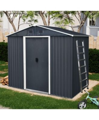 8ft x 4ft Outdoor Metal Storage Shed with Sliding Door and foundation for Backyard, Patio, Lawn (Black and White
