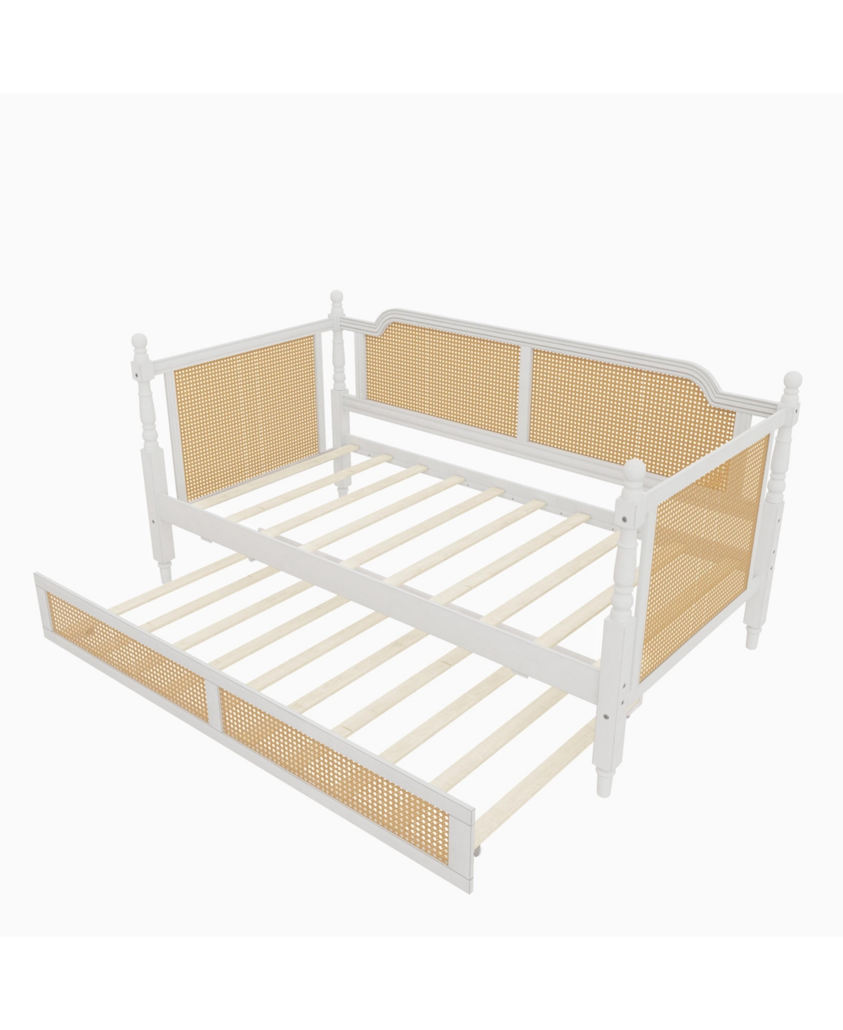 Streamdale Furniture Traditional Style Rattan Twin Size Daybed with Twin Size Trundle for Limited Space, Guest Room, No Box Spring Needed,Antique Whit