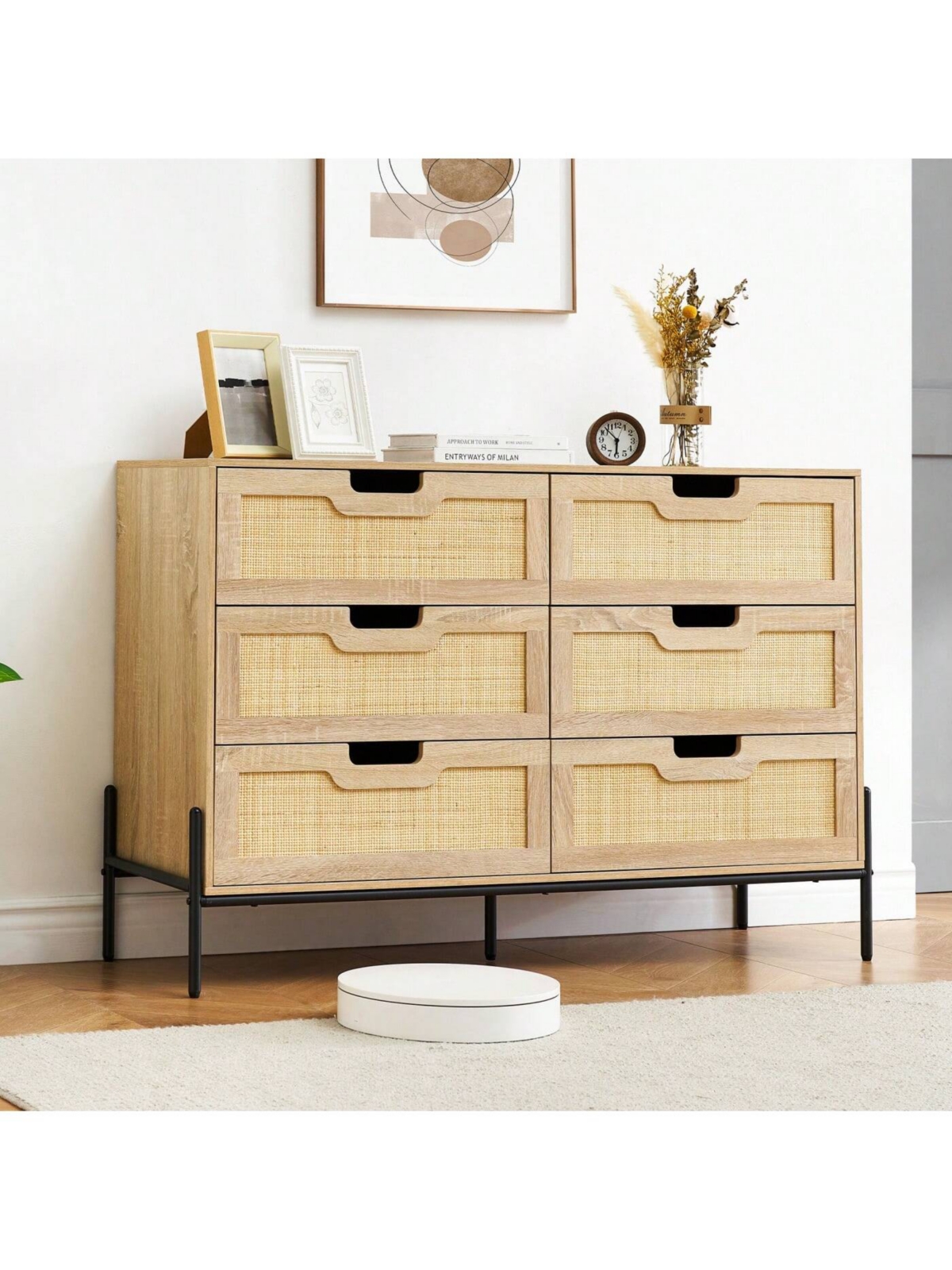 gaomon 6 Drawers Dresser For Bedroom, Natural Rattan Drawer With Spacious Storage, Wood Chest Of Drawers With Metal Legs For Bedroom, Living Room, Hal