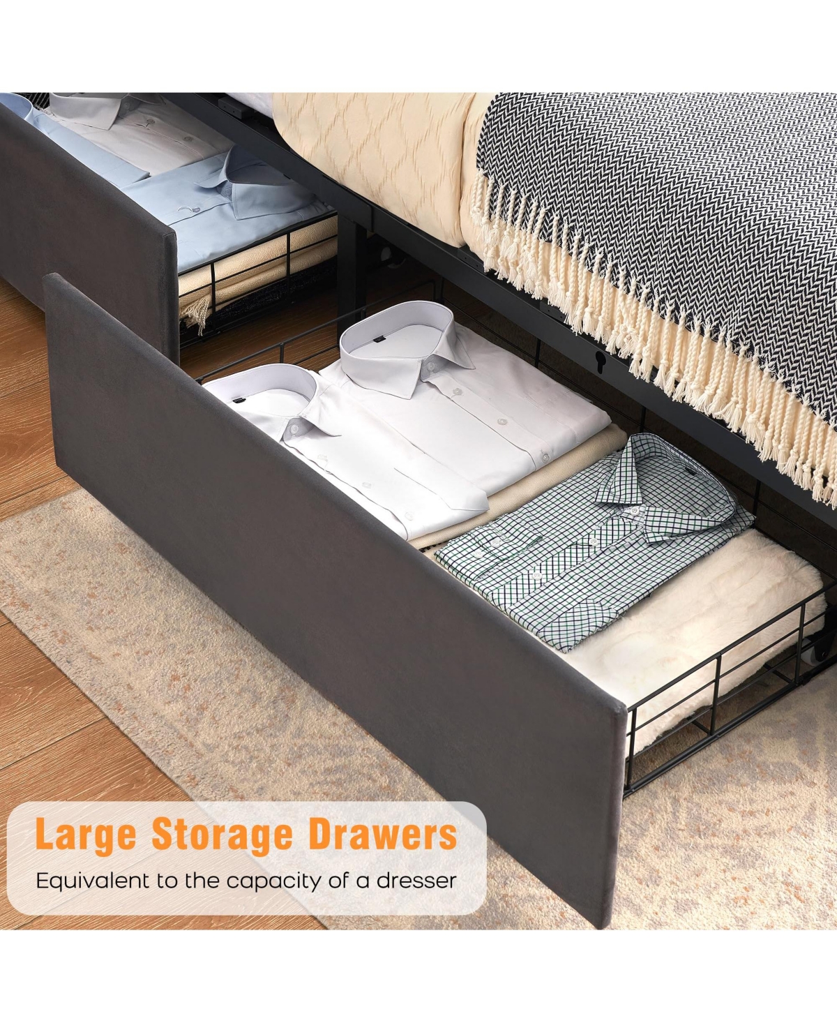 gaomon SizeVelvet Bed Frame with 4 Convenient Storage Drawers, Wingback Headboard with Charging Station - Grey