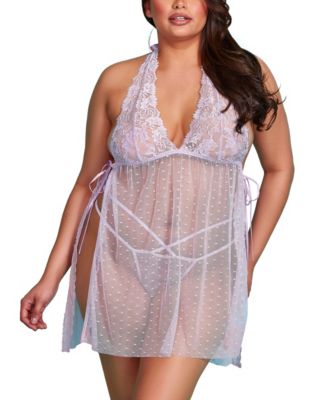 Hauty - Women's 2 Piece Lingerie Set with Mixed Lace and Dotted Mesh