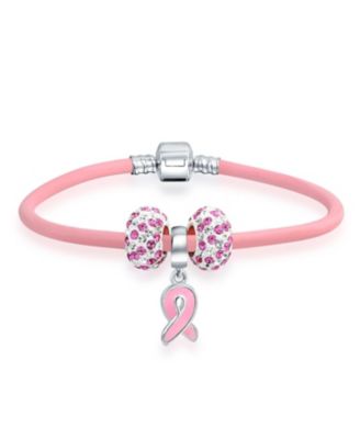 Support Breast Cancer Survivor Pink Ribbon Bead Charm Pink Leather Bracelet .925 Silver