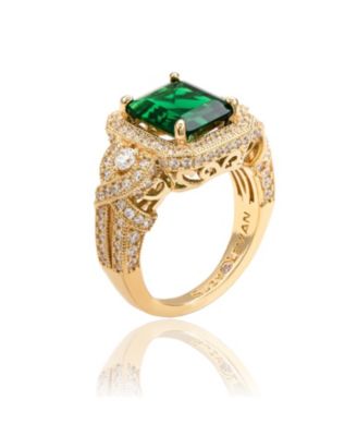 Suzy Levian Yellow Sterling Silver Emerald-Cut Blue and White Cubic Zirconia Pave Ring