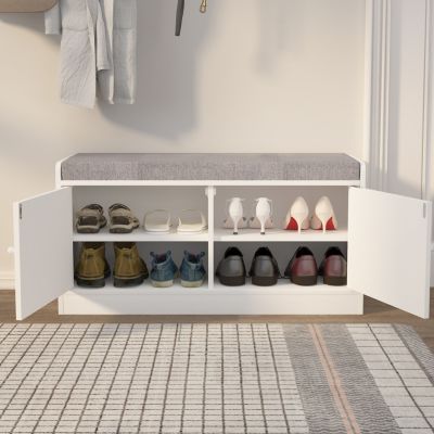 Shoe Storage Bench with 2 Doors & Cushion