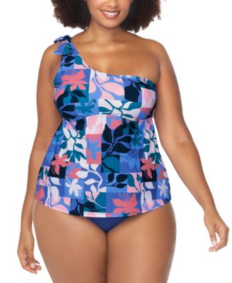 Trendy Plus Size Marita Asymmetric Tankini Top Costa Ruched Bikini Bottoms