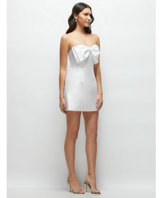 Women's Oversized Bow Strapless Little White Mini Dress with Pearl Accents