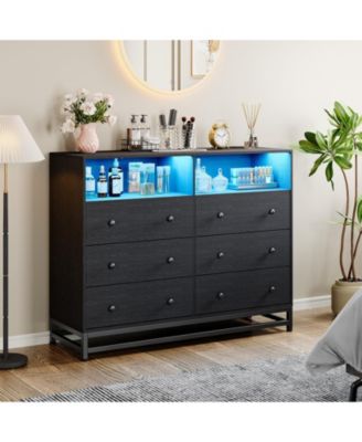 Dresser for Bedroom with Charging Station, 6 Drawer Dresser with LED Lights