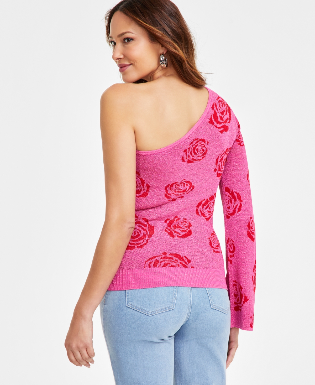 Inc International Concepts Women's One-shoulder Rose Jacquard Sweater, Exclusively At Macy's In Divine Hol