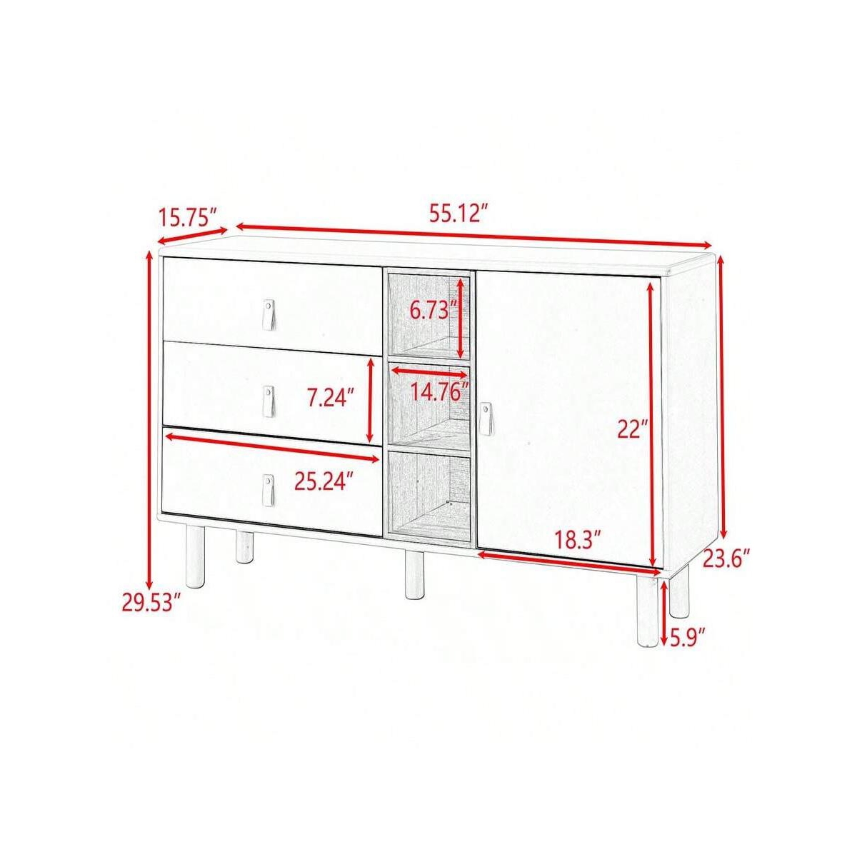 gaomon Dresser Closet, 3 Drawer Dresser With Leather Handles, 3 Drawers, Open Storage Compartment, Solid Wood Round Legs Buffet Cabinet For Bedroom, L