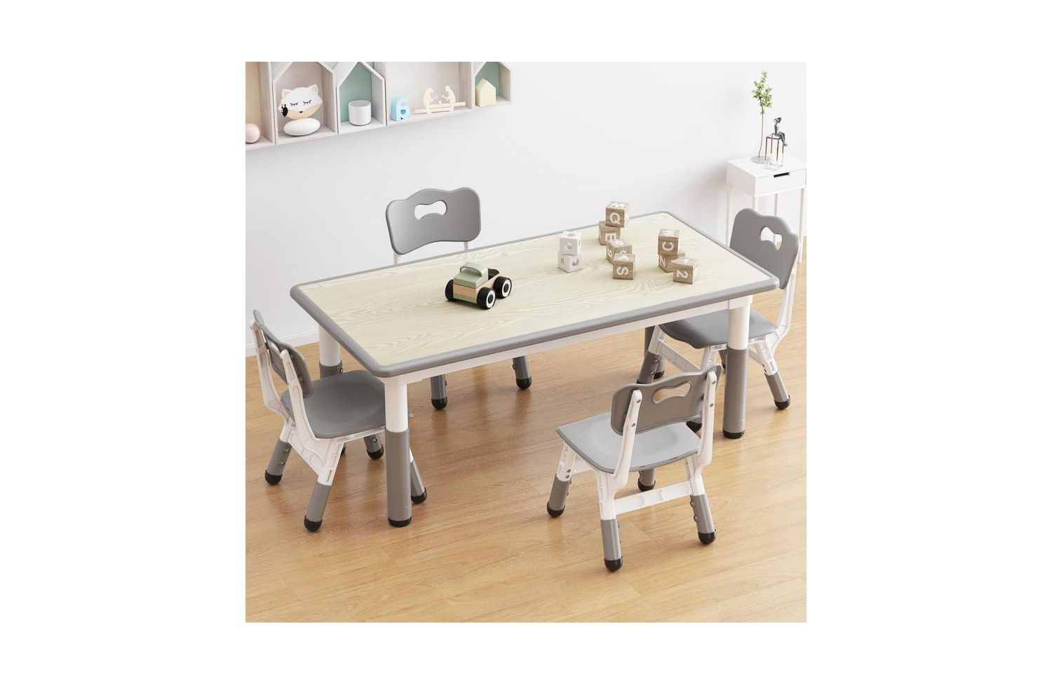 Kids Table and Chair Set, Height Adjustable Toddler Table and 4 Chairs Set for Ages 2-10, Graffiti Desktop, Non-Slip Legs, Arts & Crafts Table