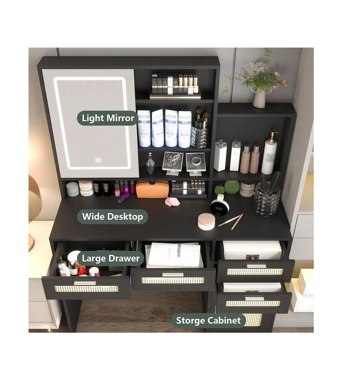 gaomon Makeup Vanity With Lights 3 Colors And Openable Mirror, Desk 4 Drawers, 1 Cabinets Shelves, Table Rattan Dress