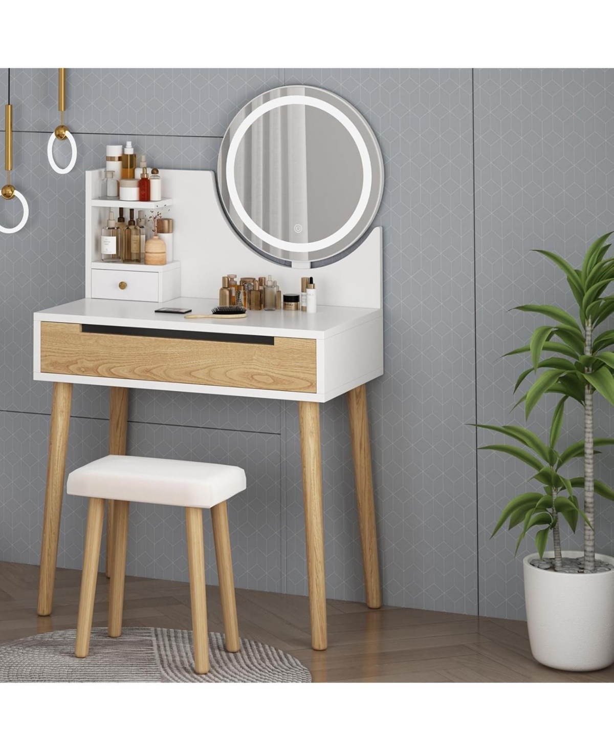 gaomon Vanity Desk with Stool, Makeup Vanity Desk with Touch Light Mirror