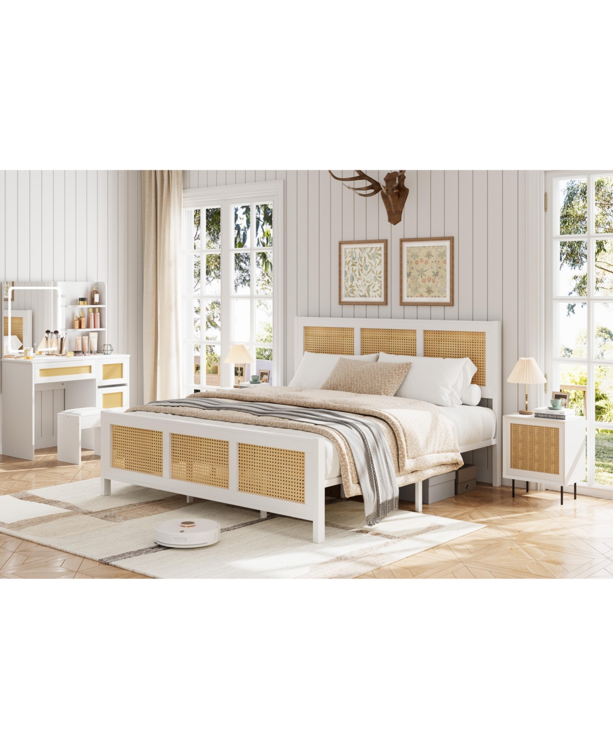 gaomon Size Rattan Bed Frame with Headboard, Boho Cane Platform Bed Frame with Strong Metal Slat