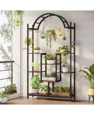74.8'' Arched Metal Flower Shelf with Hanging Hooks,5-Tier Tall Indoor Plant Stand