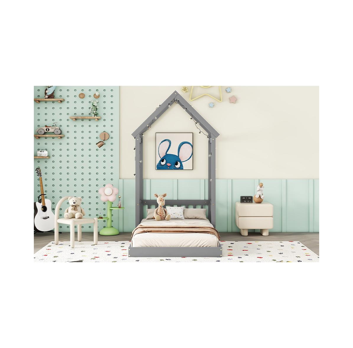 Slickblue Twin House-Shaped Roof Headboard Floor Bed (Without Slats) - Charming and Playful Design for Kids' Bedrooms
