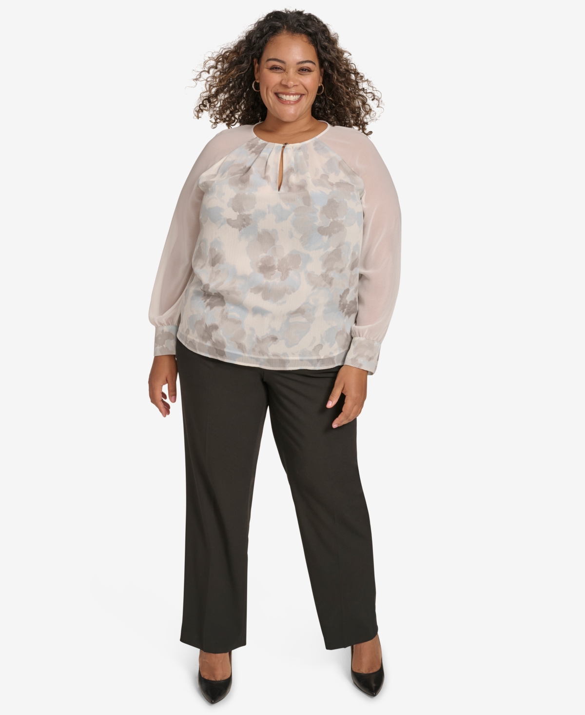 Calvin Klein Plus Size Printed Long-sleeve Blouse In Cream Multi