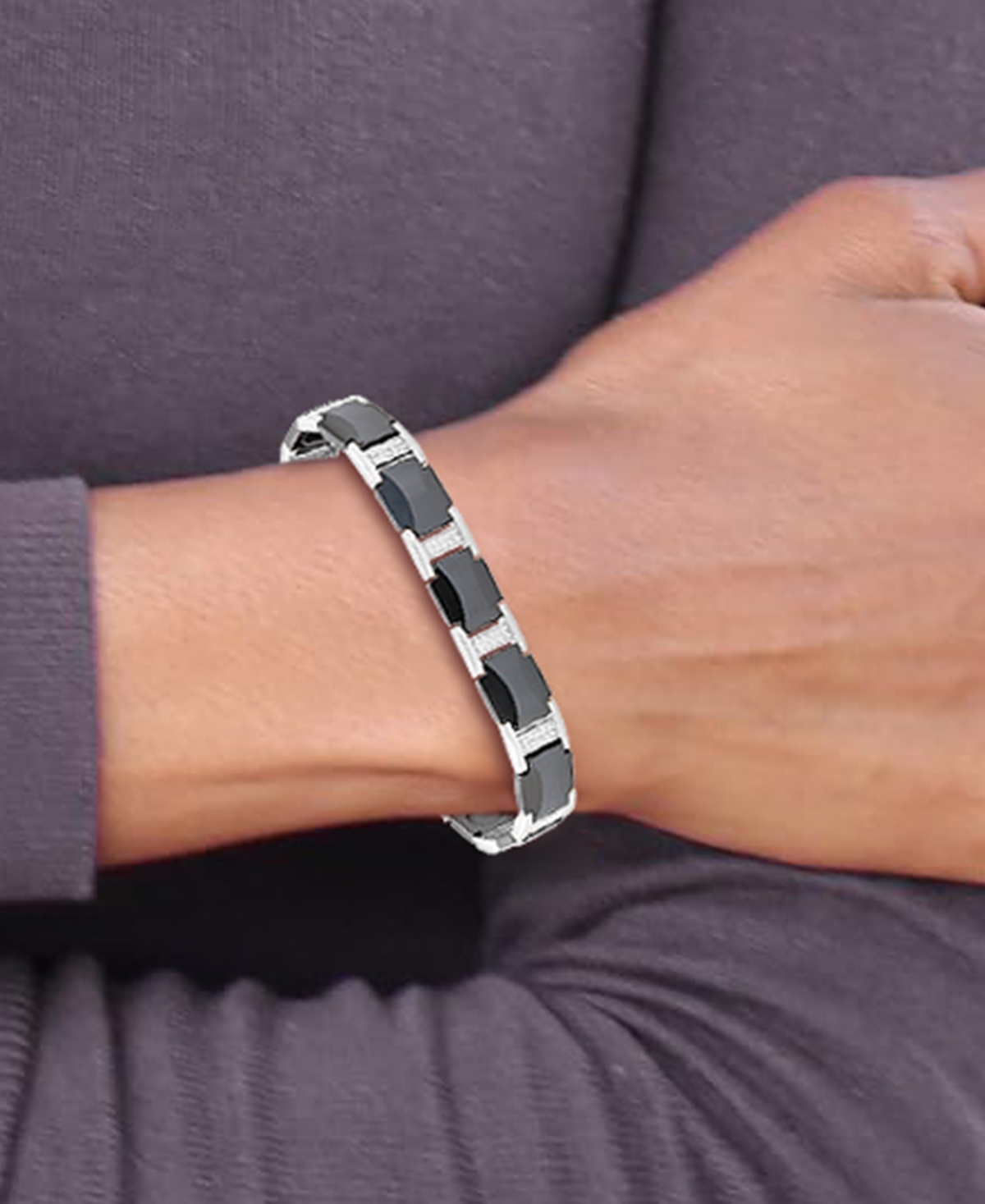 Macy's Men's Diamond & Black Ceramic Link Bracelet (3/8 Ct. T.w.) In Sterling Silver In Black