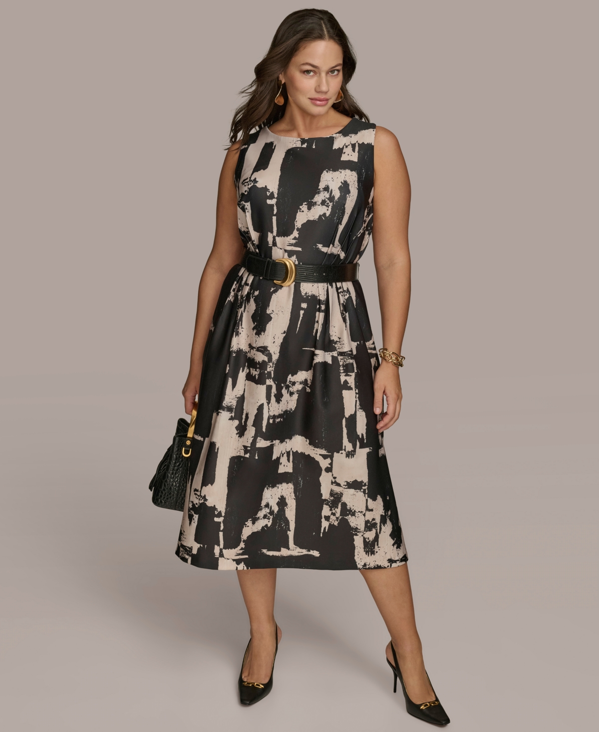 Donna Karan New York Plus Size Printed Belted A-Line Dress