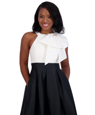 Women's Bow-Trim Halter Pleated Taffeta Gown