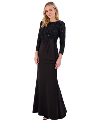 Women's Floral-Sequin 3/4-Sleeve Boat-Neck Gown