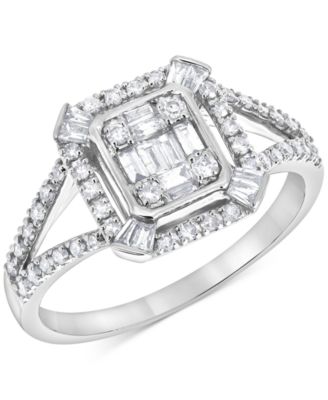 Macy's - Diamond Round & Baguette Halo Cluster Ring (3/8 ct. t.w.) in 14k White Gold