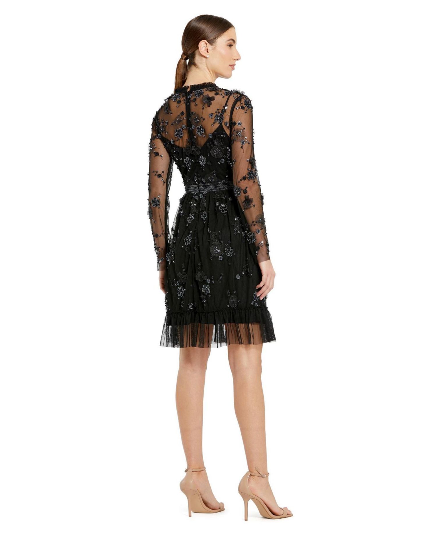 Women's Sheer Long Sleeve Embellished Midi Dress