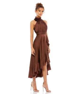 Women's Halter Neck Flower Detail Ruffled Midi Dress