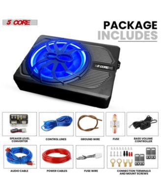 10 inch Slim Under Seat Car Audio Subwoofer 800W Peak 150W RMS Active Powered Under-Seat Built in Amplifier Truck Sub Woofer in Enclosure Box Blue Ambient LED Light + Wiring Kit & Remote Control