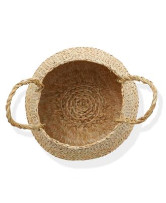 Seagrass Belly Basket with Handles - Small, Natural Woven Storage Bin Planter for Home Decor, Indoor Plant Pot Cover