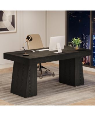 55 Inches Executive Desk, Mid-Century Modern Home Office Desk with Double Trapezoid Base, Wood Computer Desk Business Workstation Desk