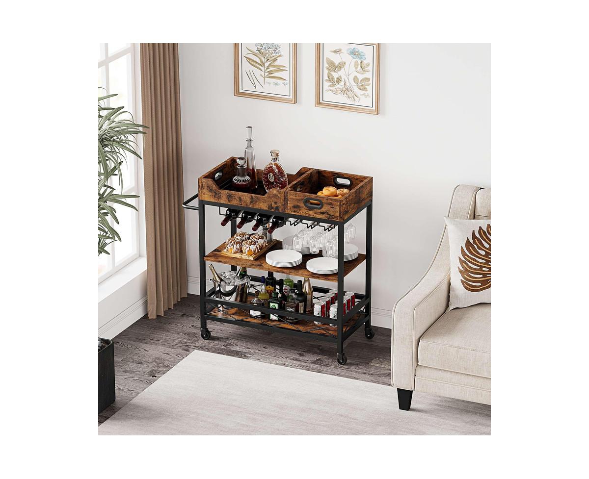 gaomon Bar Carts for The Home with 2 Portable Trays, 3 Tier Bar Cart with Wheels, Mobile Kitchen Shelf with Wine Rack and Glass Holder, Industrial Ser