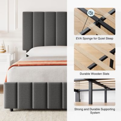 Full Linen Upholstered Platform Bed Frame with 4 Storage Drawers