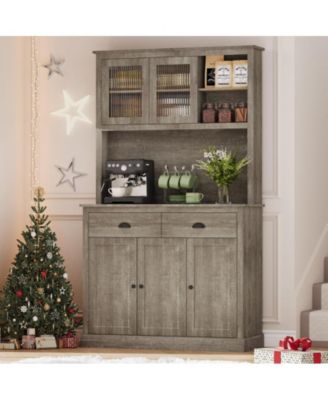 Kitchen Pantry Storage Cabinet, 71" Tall Wood Pantry Cabinet with Microwave Stand, Modern Kitchen Hutch Cabinet, Coffee Bar Hutch with Wine Rack for Dining Room, Living Room, Grey