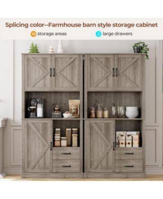 Modern Kitchen Pantry Cabinet with Microwave Stand, Tall Hutch Bar Cabinet with Drawers & Adjustable Shelves, Large Wood Storage Cabinet