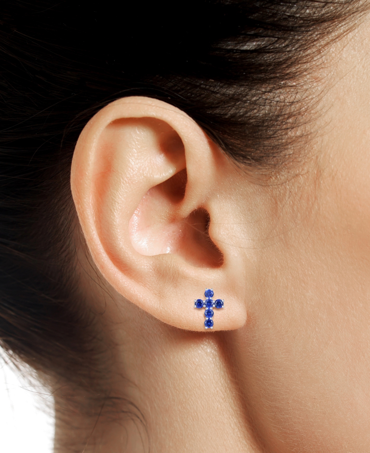 Macy's Lab Grown Sapphire Cross Stud Earrings (1 Ct. T.w.) In 10k White Gold (also In Lab Grow Ruby, Lab Gr In Sapphire