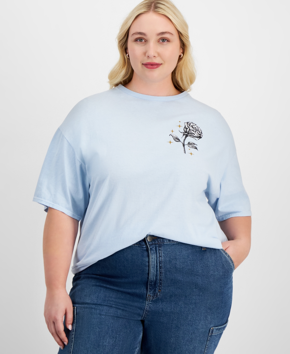 Trendy Plus Size Rose Graphic Cotton T-Shirt - Delicate Blue