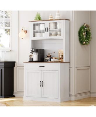 Kitchen Pantry Cabinet, 71" Tall Kitchen Hutch Storage Cabinet with Microwave Stand, Freestanding Buffet Cabinet with Shelves and Glass Doors
